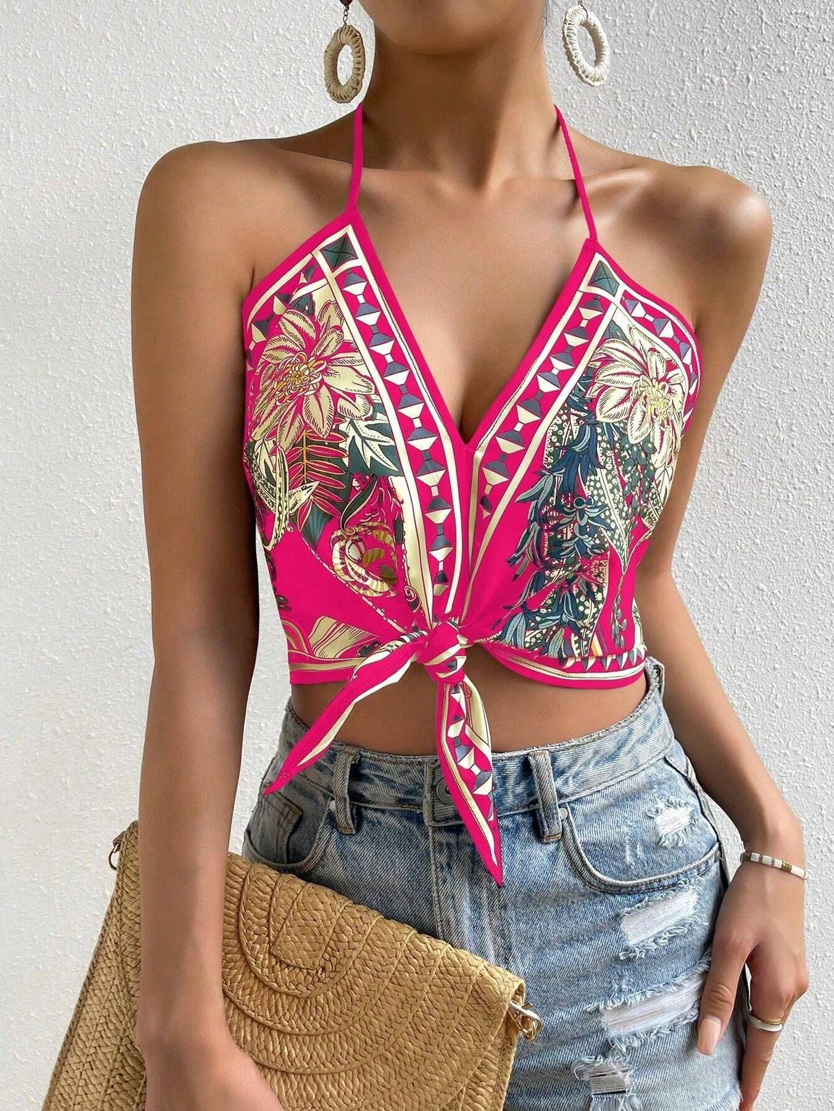 Scarf Print Halter Tie Front Crop Top - Red - 4