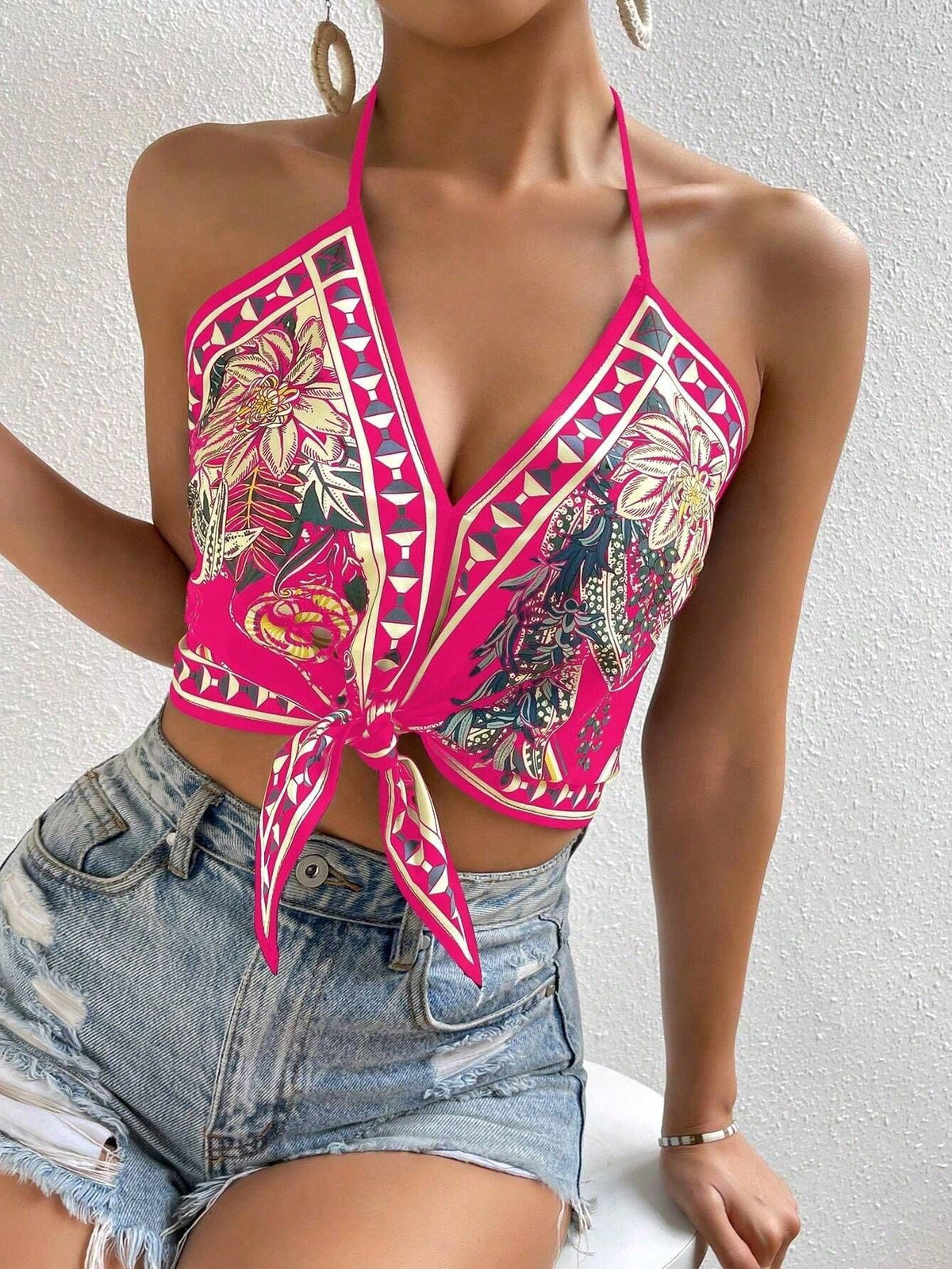 Scarf Print Halter Tie Front Crop Top - Red - 5