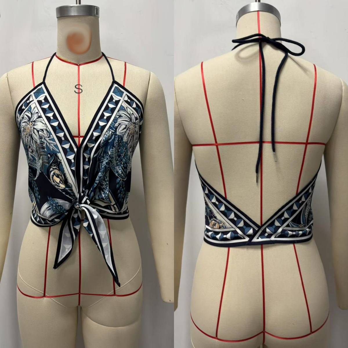 Scarf Print Halter Tie Front Crop Top