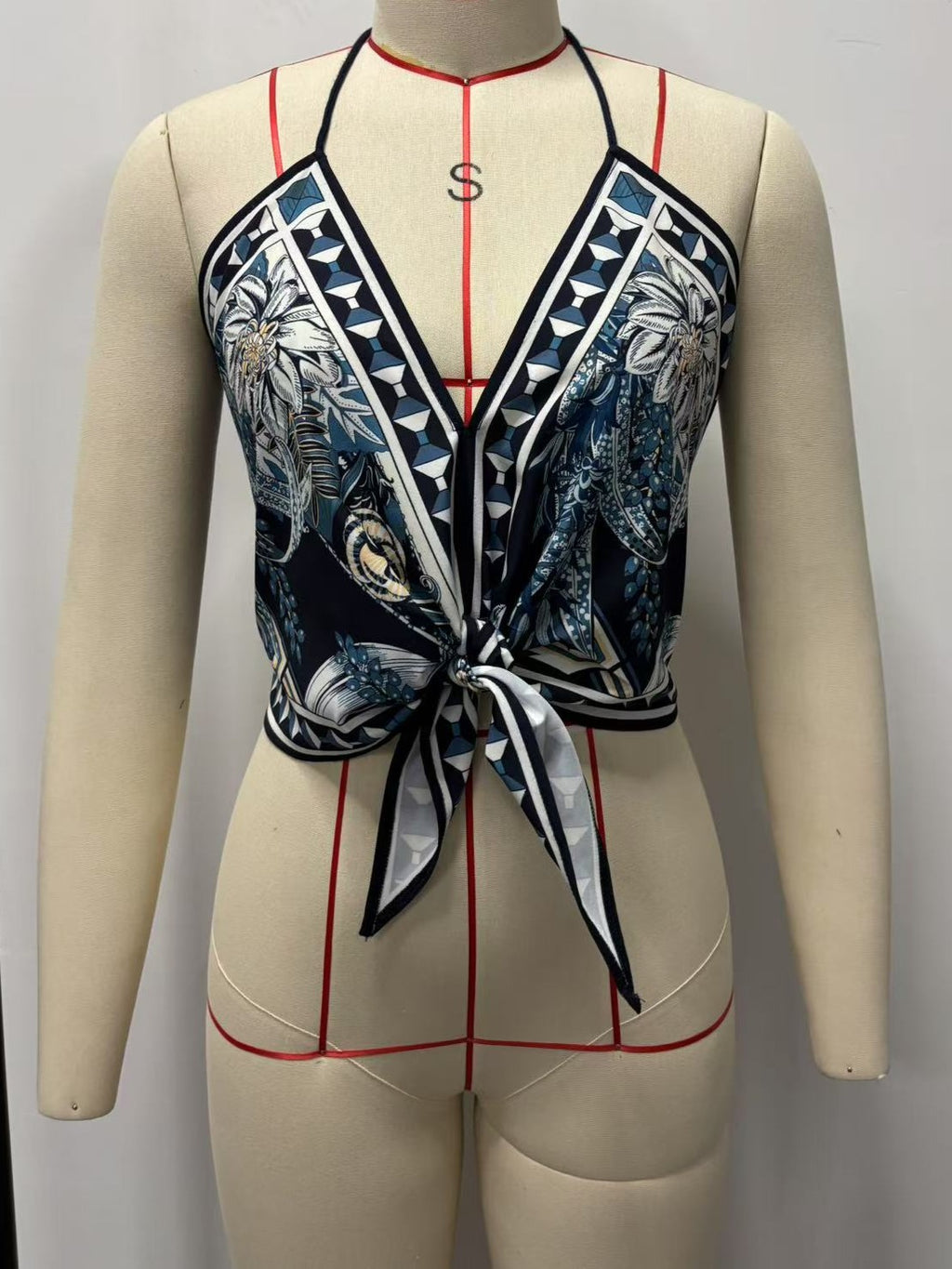 Scarf Print Halter Tie Front Crop Top - view 1