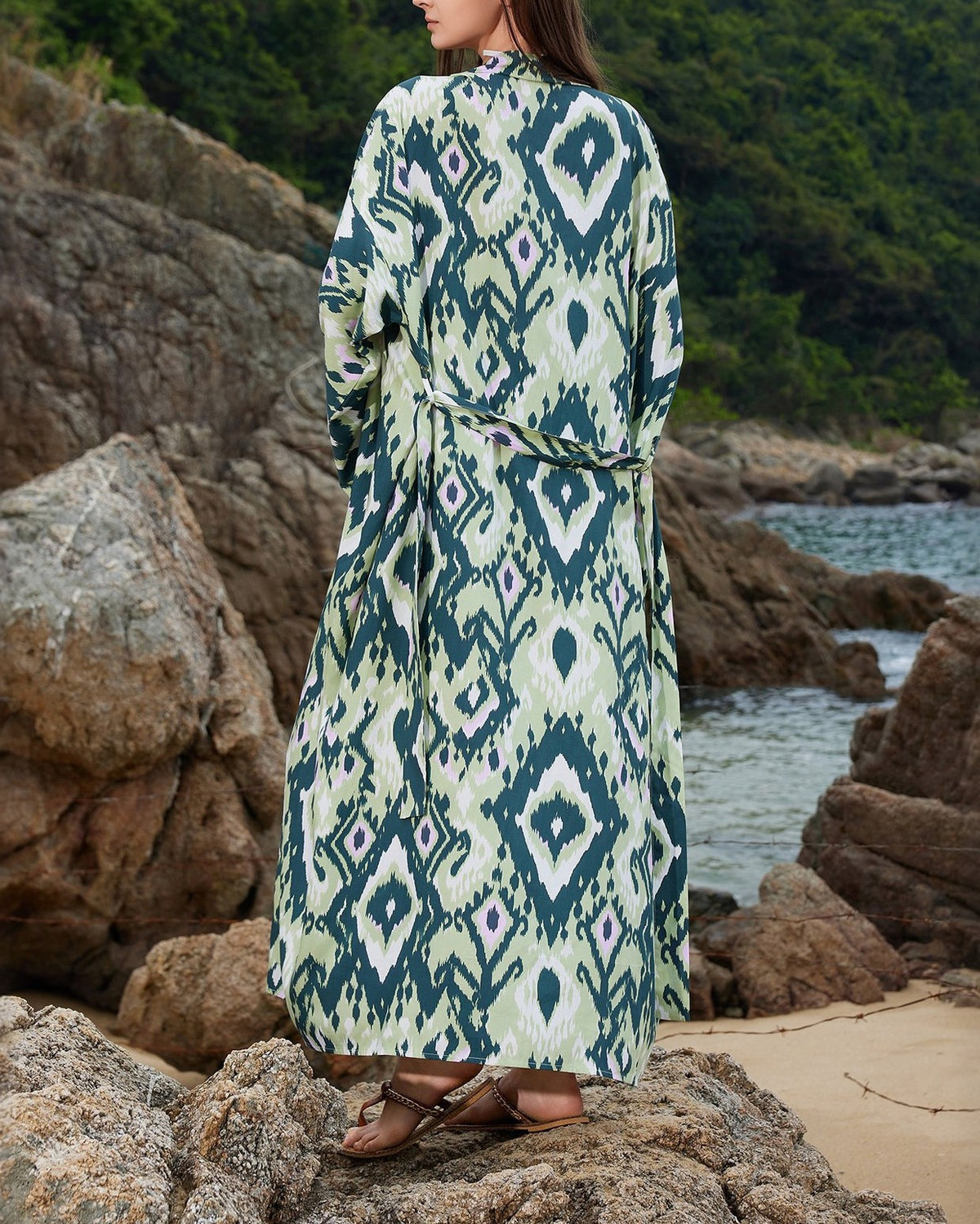 Geometric Ikat Belted Maxi Kimono - Green - 2