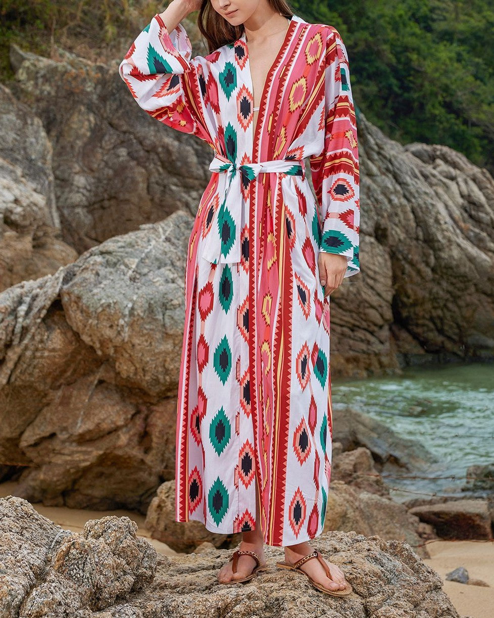 Geometric Ikat Belted Maxi Kimono - Red