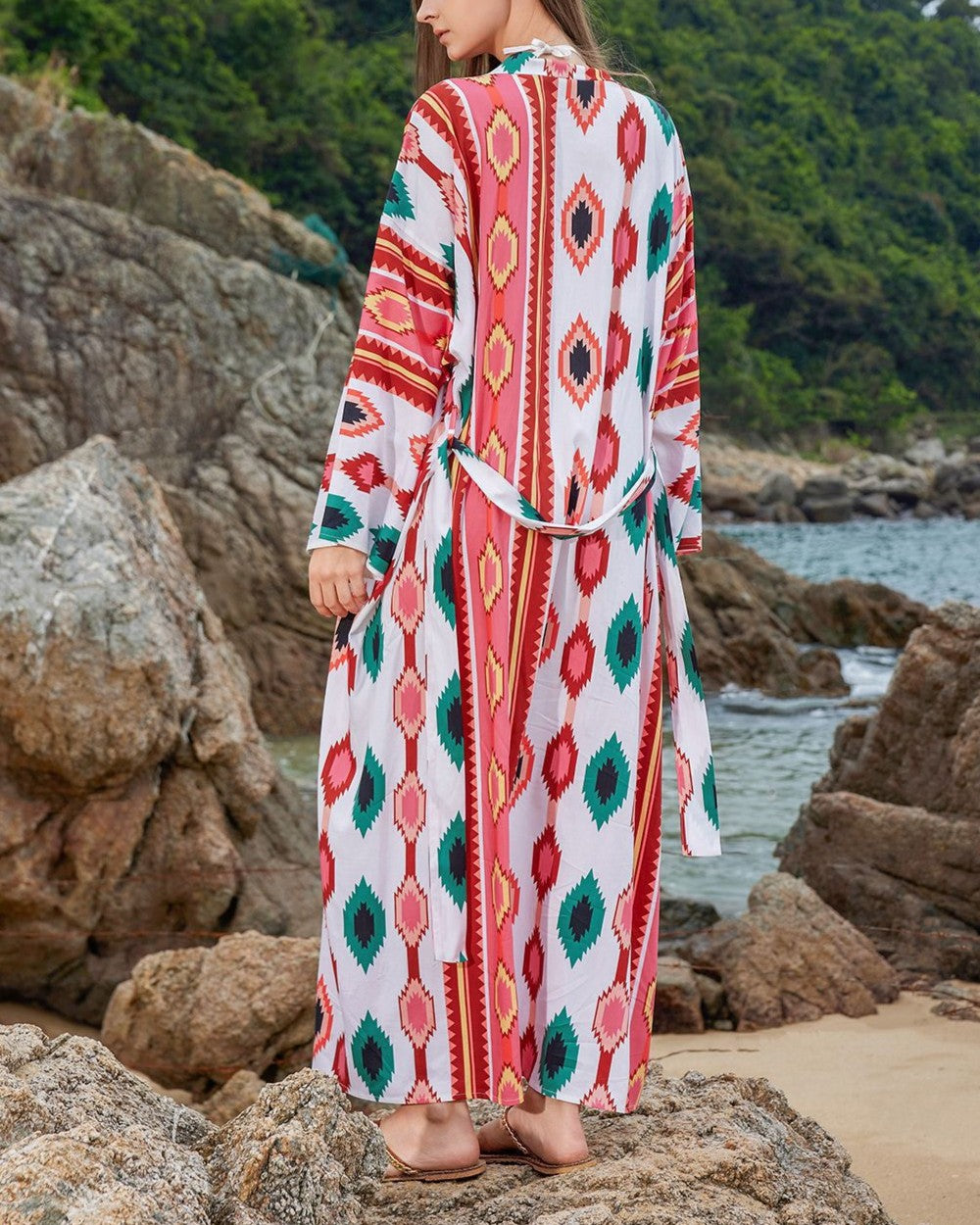 Geometric Ikat Belted Maxi Kimono - Red - 1
