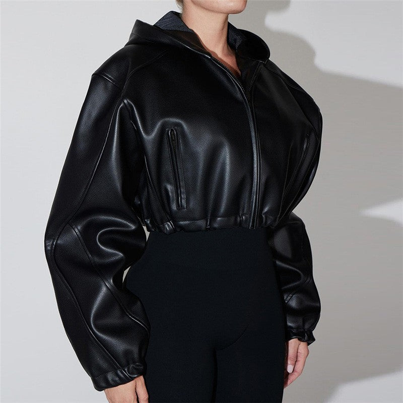 Black Faux Leather Hooded Cropped Bomber Jacket