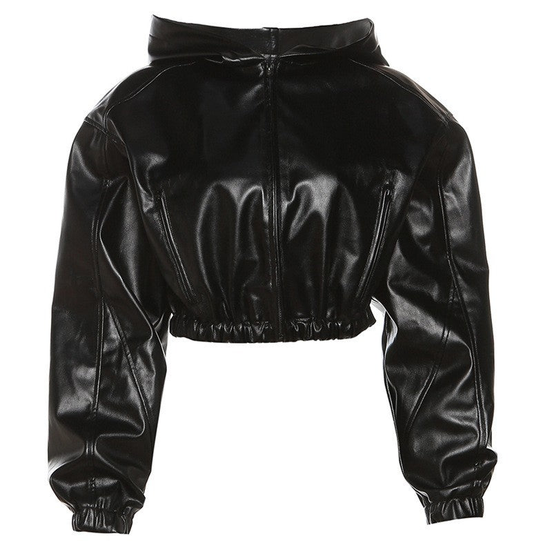 Black Faux Leather Hooded Cropped Bomber Jacket
