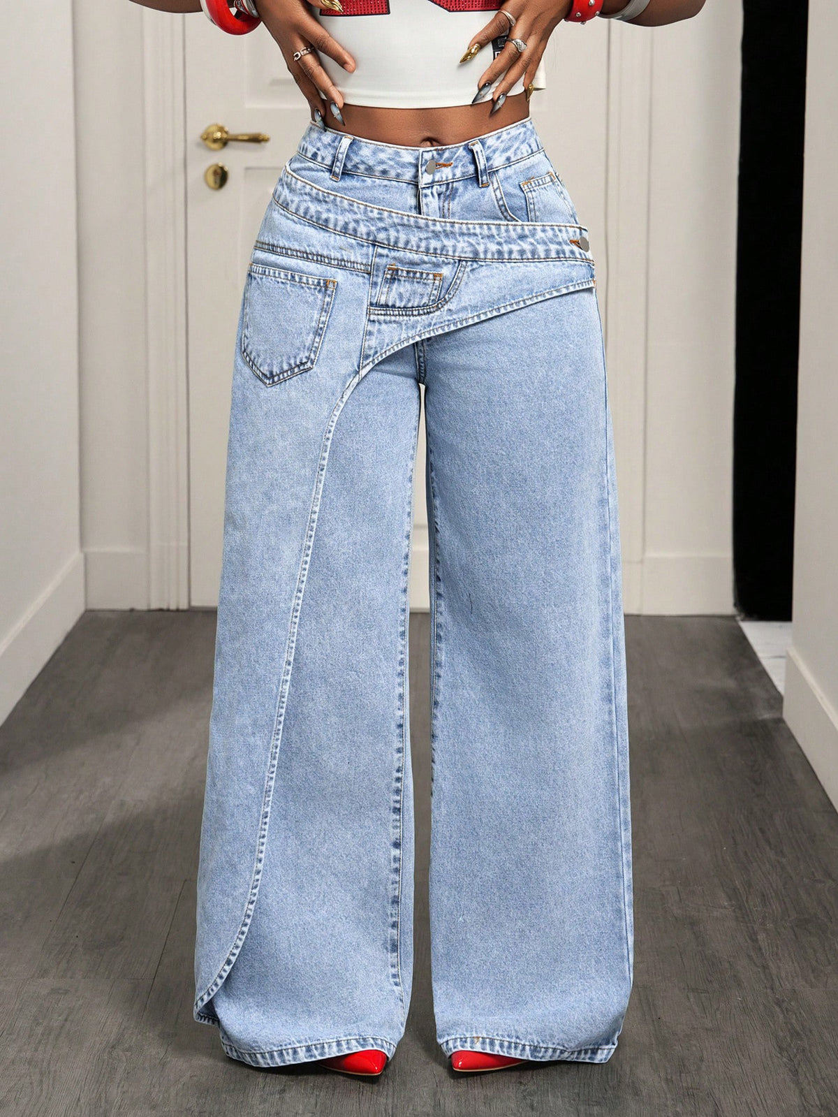 Layered Waist Wide Leg Baggy Jeans - Blue - 2