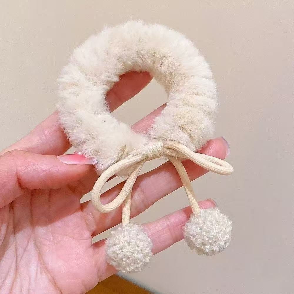 Plush Pom Pom Bow Hair Tie - Beige