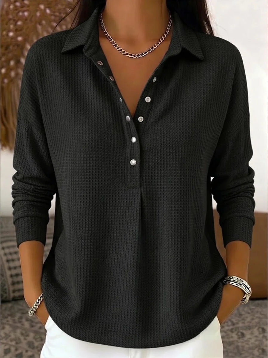 Half Button Waffle Knit Collared Blouse - Black