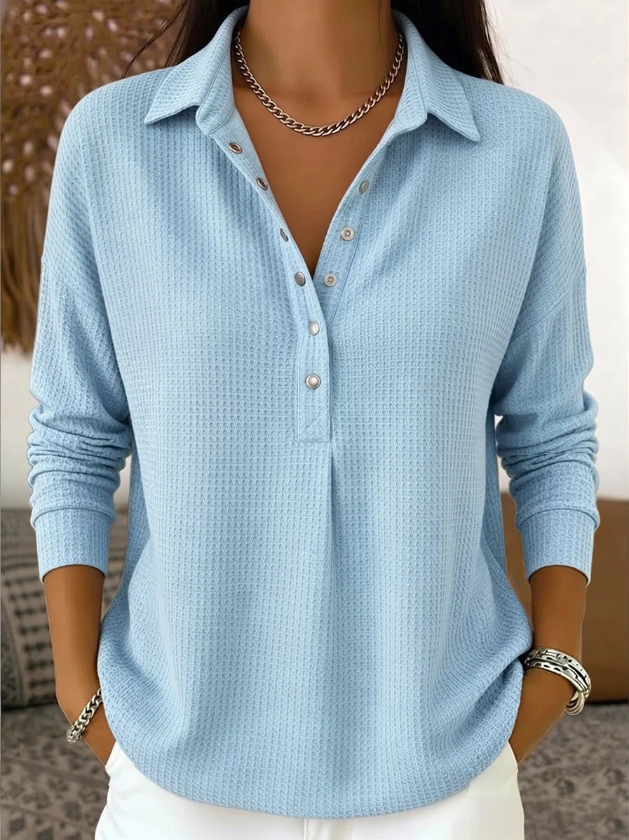 Half Button Waffle Knit Collared Blouse - Blue