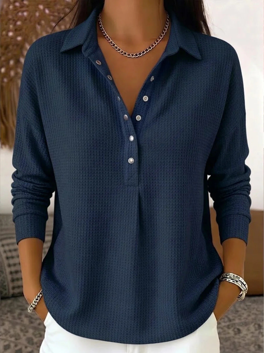 Half Button Waffle Knit Collared Blouse - Navyblue