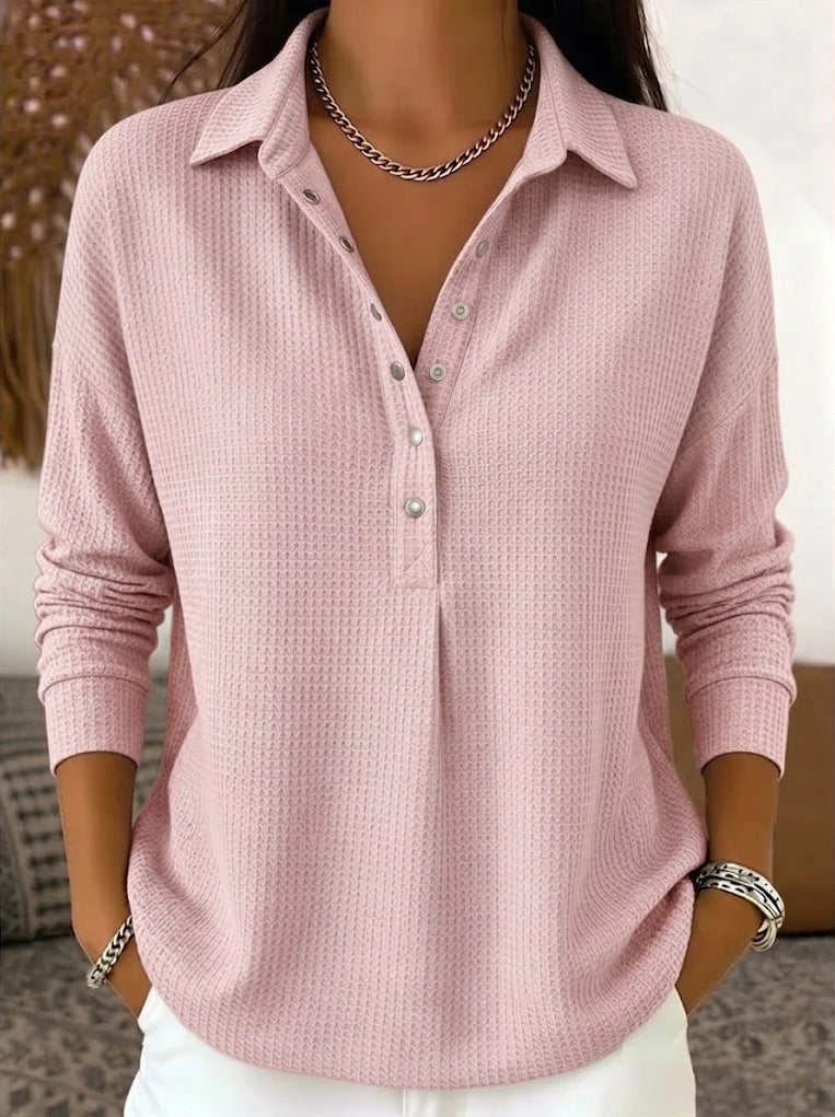 Half Button Waffle Knit Collared Blouse - Pink