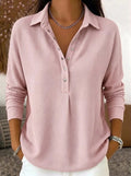Half Button Waffle Knit Collared Blouse - Pink