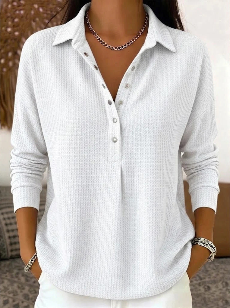 Half Button Waffle Knit Collared Blouse - White
