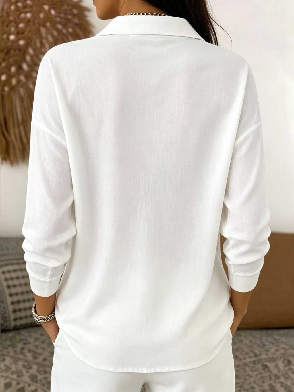 Half Button Waffle Knit Collared Blouse - White - 1