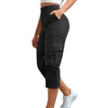 Elastic Waist Cargo Pocket Straight Leg Capri Pants - Black