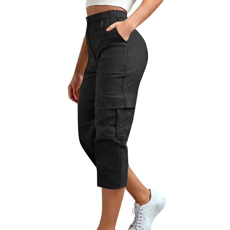 Elastic Waist Cargo Pocket Straight Leg Capri Pants - Black