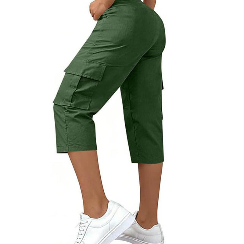 Elastic Waist Cargo Pocket Straight Leg Capri Pants - Green