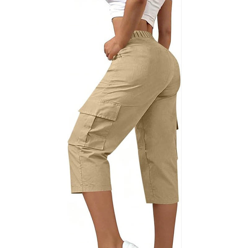 Elastic Waist Cargo Pocket Straight Leg Capri Pants - Khaki