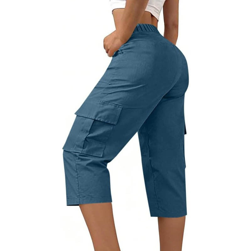 Elastic Waist Cargo Pocket Straight Leg Capri Pants - Peacock Blue