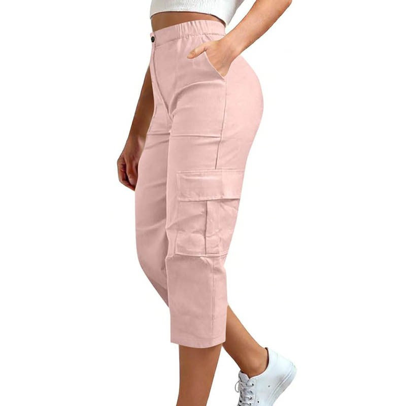 Elastic Waist Cargo Pocket Straight Leg Capri Pants - Pink