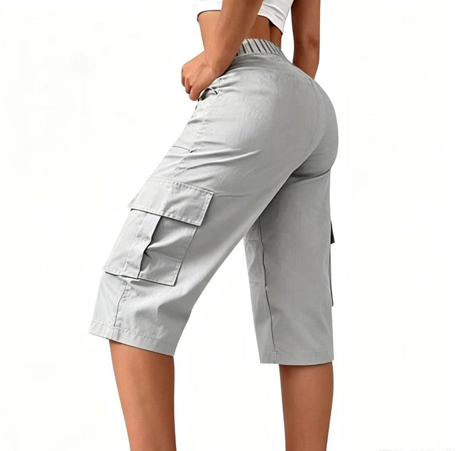 Elastic Waist Cargo Pocket Straight Leg Capri Pants - Silver Gray