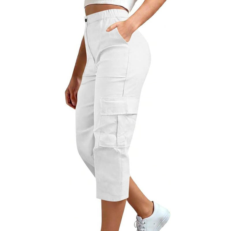 Elastic Waist Cargo Pocket Straight Leg Capri Pants - White