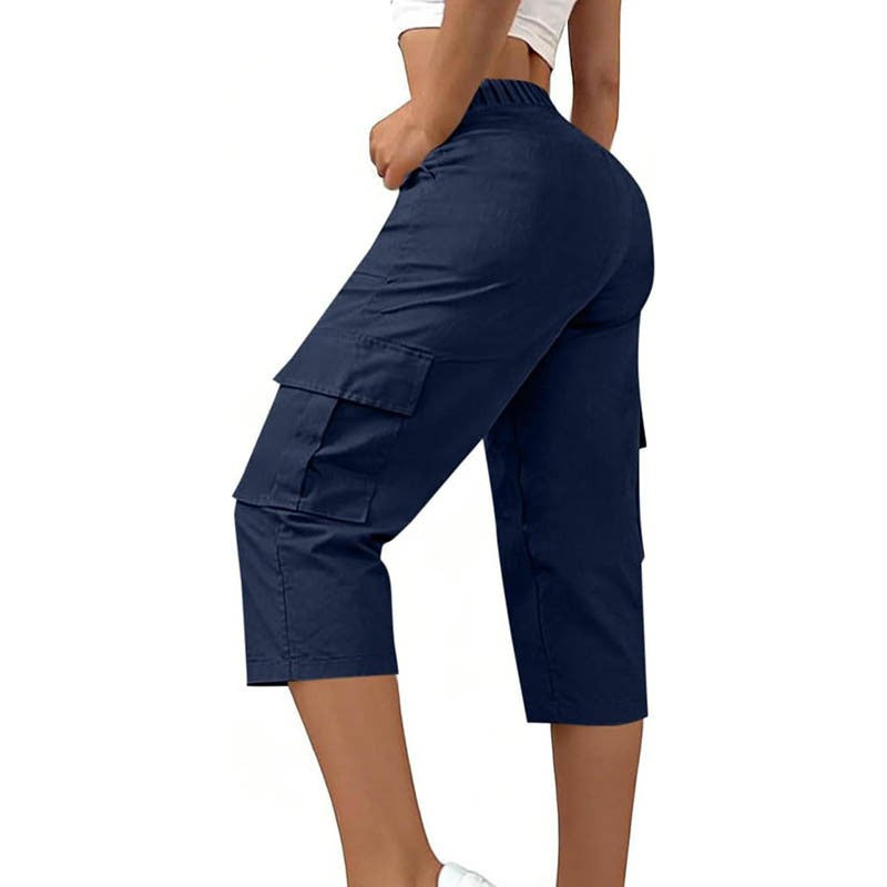 Elastic Waist Cargo Pocket Straight Leg Capri Pants