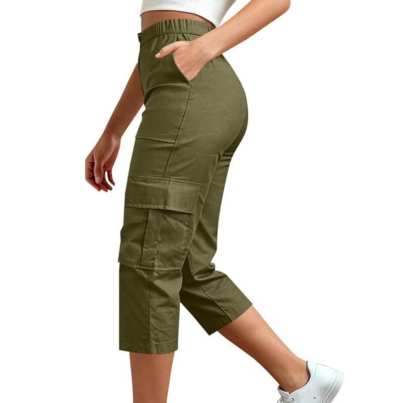 Elastic Waist Cargo Pocket Straight Leg Capri Pants