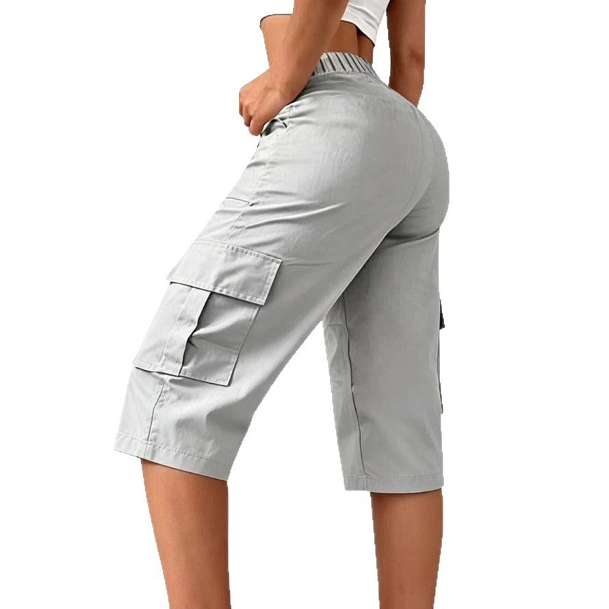 Elastic Waist Cargo Pocket Straight Leg Capri Pants