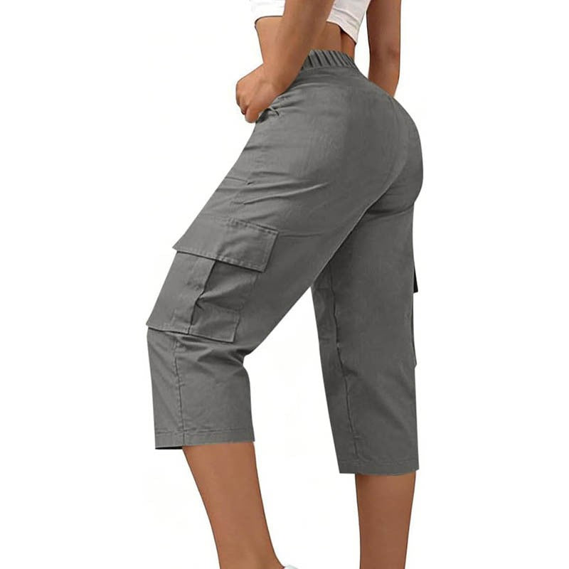 Elastic Waist Cargo Pocket Straight Leg Capri Pants