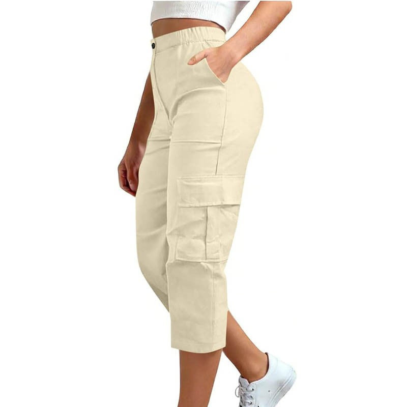 Elastic Waist Cargo Pocket Straight Leg Capri Pants