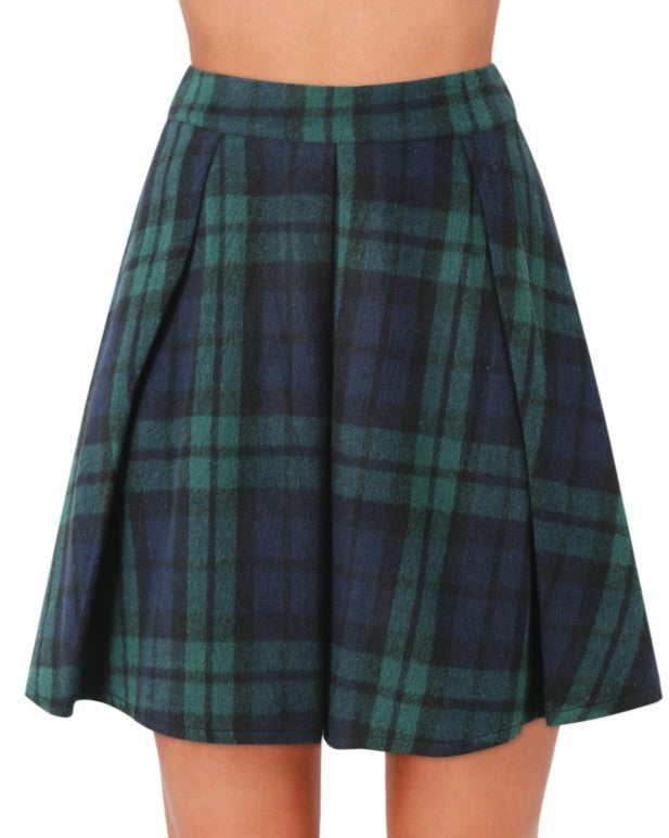 Brushed Tartan Check Pleated Mini Skirt - Green