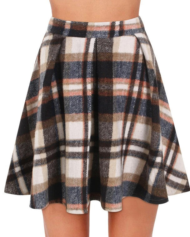 Brushed Tartan Check Pleated Mini Skirt - Khaki
