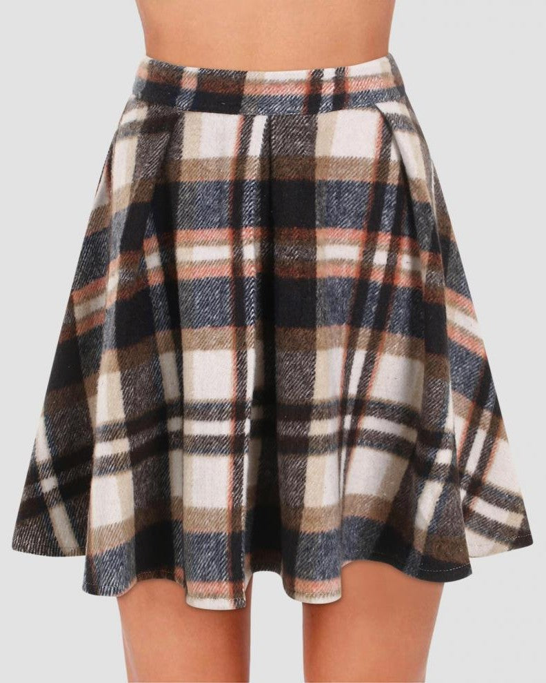 Brushed Tartan Check Pleated Mini Skirt - Khaki - 1