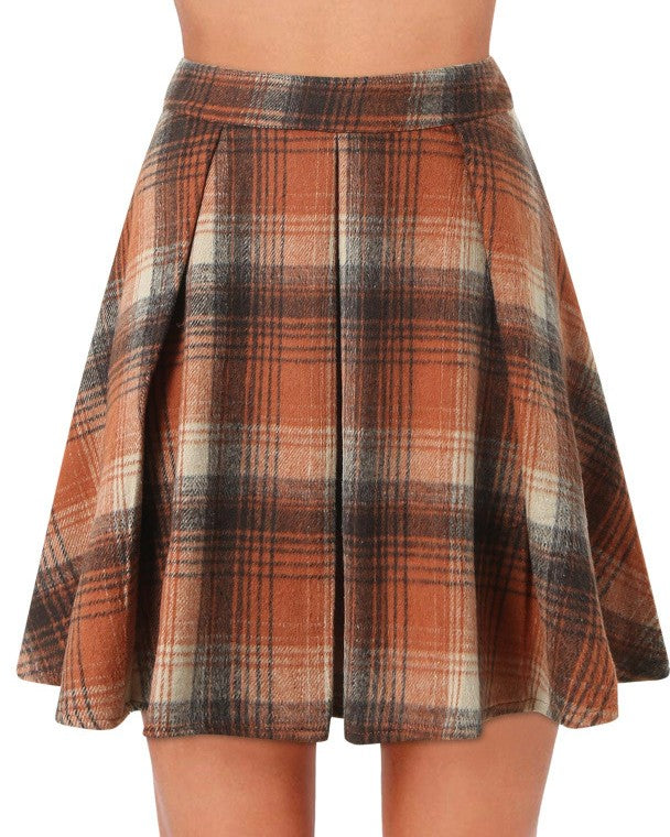Brushed Tartan Check Pleated Mini Skirt - Orange