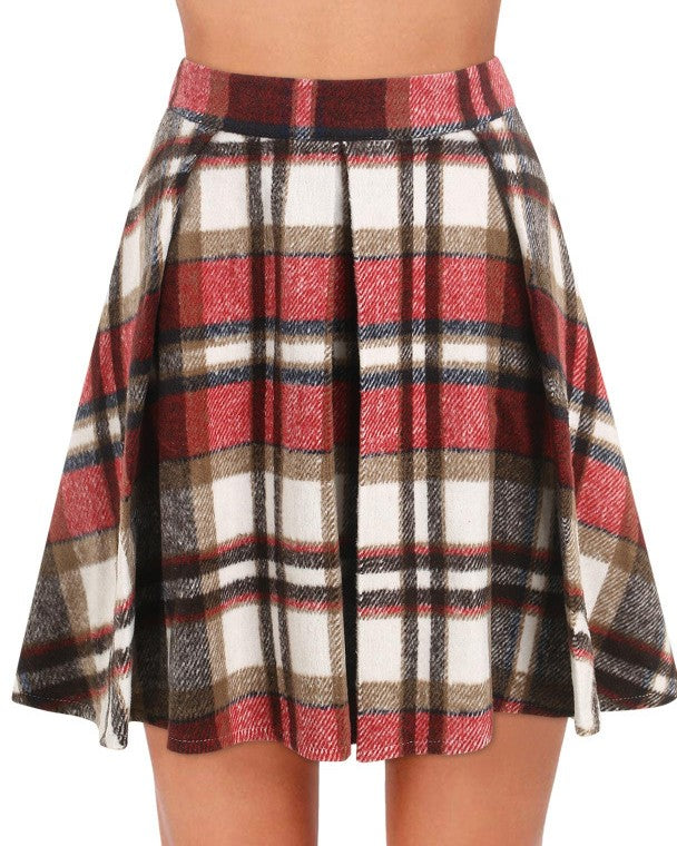 Brushed Tartan Check Pleated Mini Skirt - Wine-Red