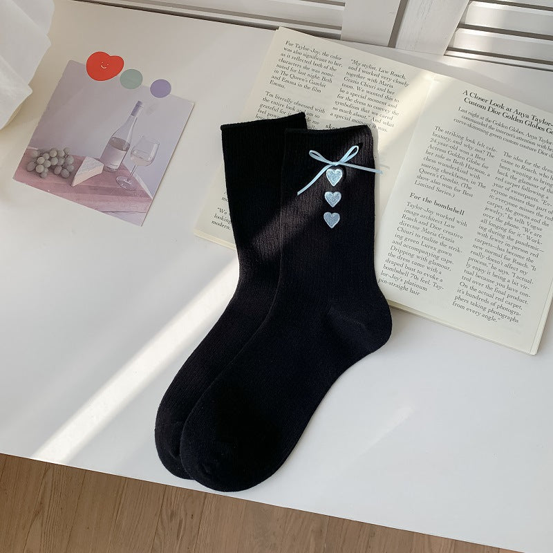 Satin Bow Heart Embroidered Crew Socks - Black