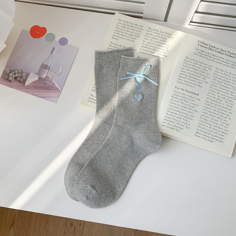 Satin Bow Heart Embroidered Crew Socks - Gray