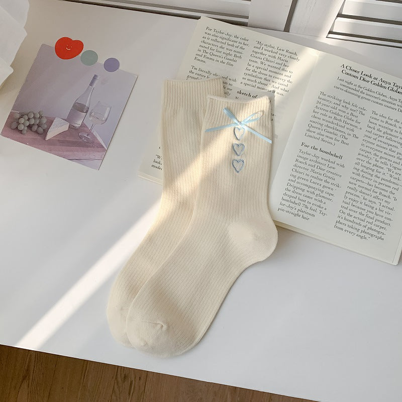 Satin Bow Heart Embroidered Crew Socks - OffWhite