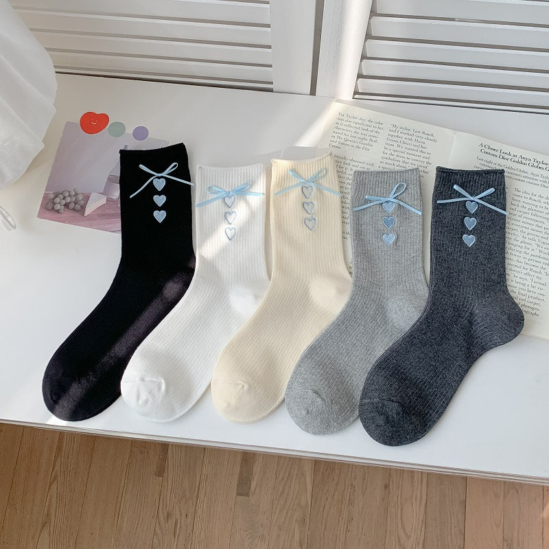 Satin Bow Heart Embroidered Crew Socks