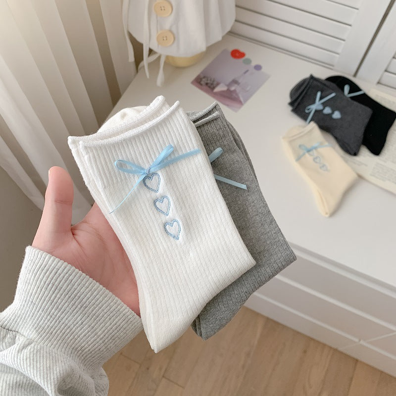 Satin Bow Heart Embroidered Crew Socks - view 1