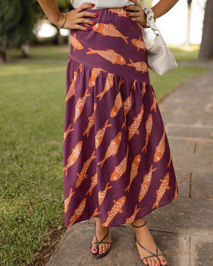 Fish Print Drop Yoke Maxi Skirt - Purple