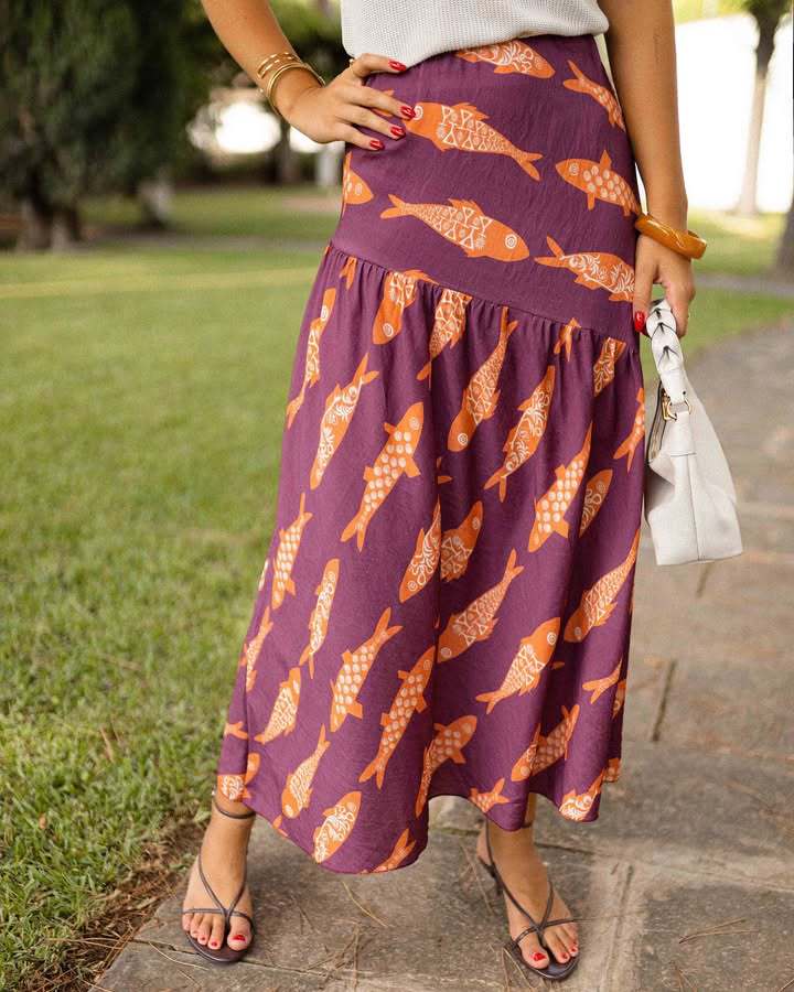 Fish Print Drop Yoke Maxi Skirt - Purple - 1