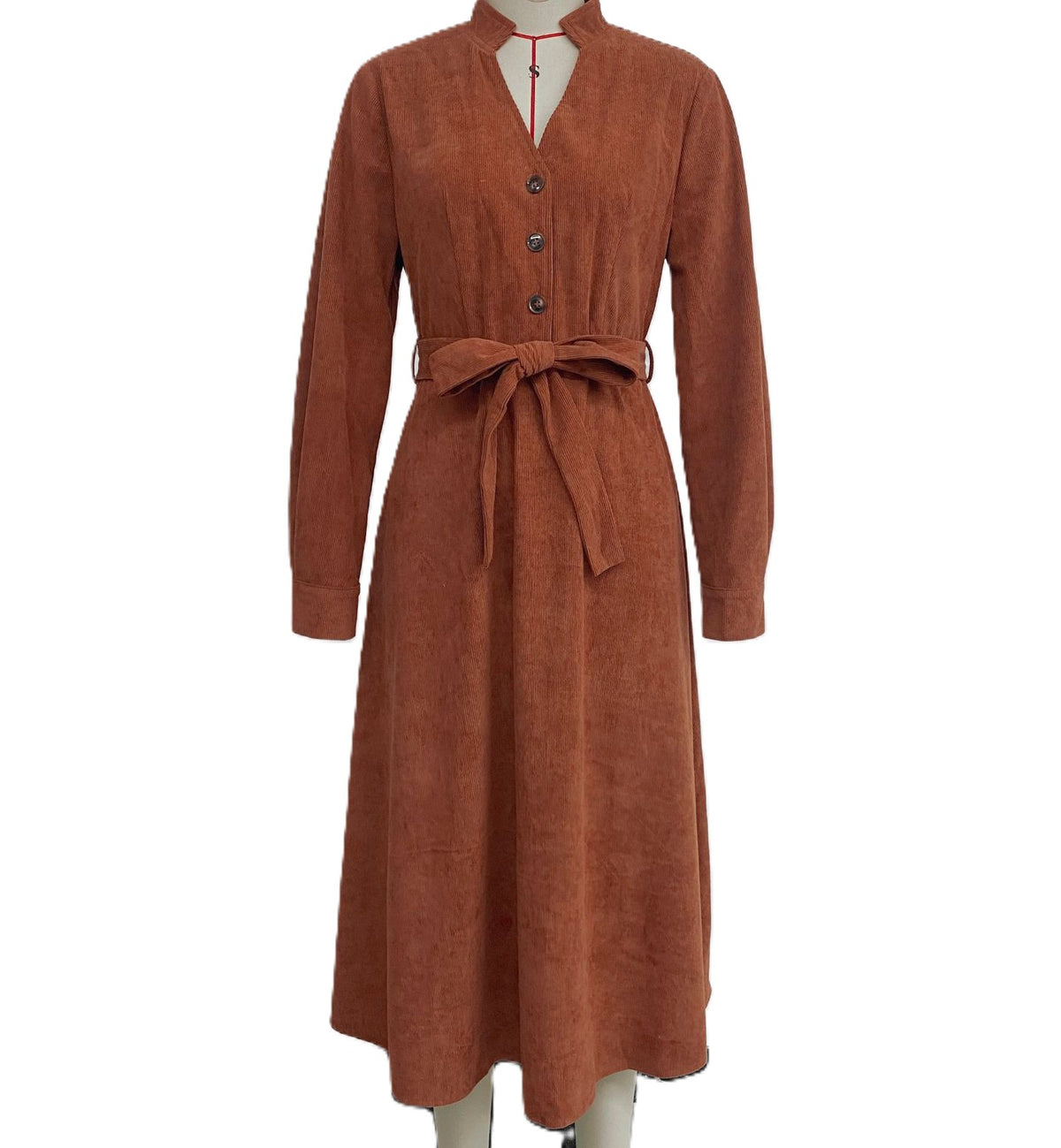 Corduroy Belted Button Front Midi Dress - Brown
