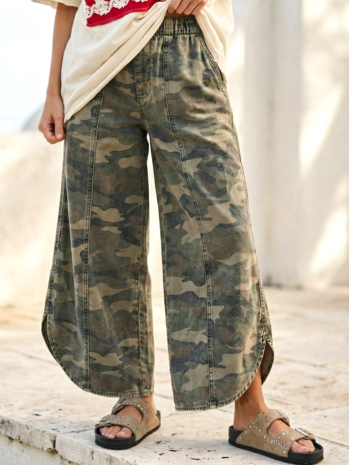 Relaxed Camo Wide Leg Pants with Tulip Hem - Camo