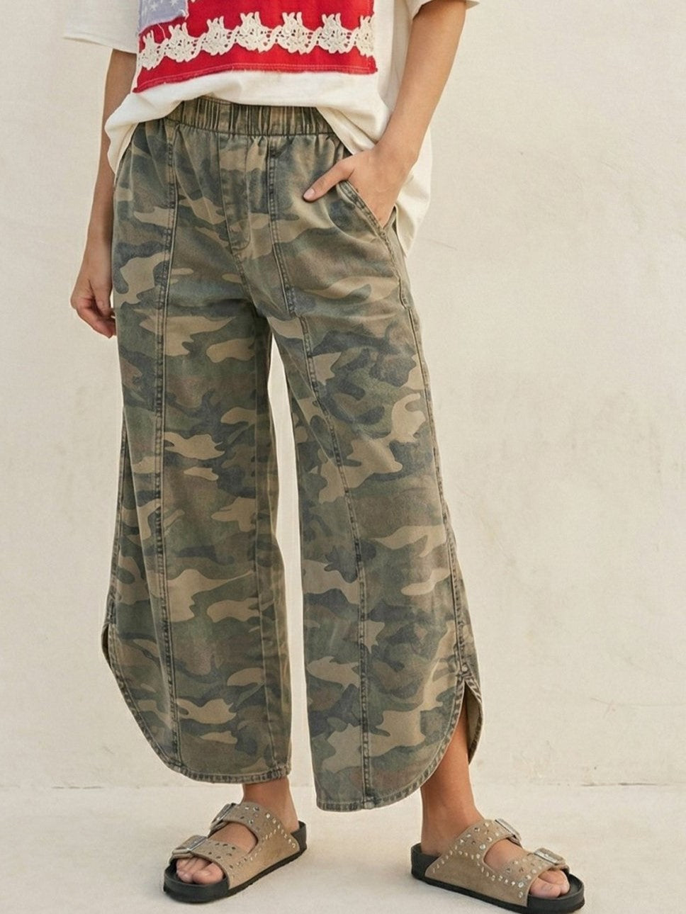 Relaxed Camo Wide Leg Pants with Tulip Hem - Camo - 1