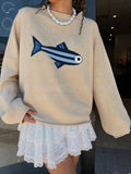 Sardine Motif Oversized Balloon Sleeve Sweater - beige