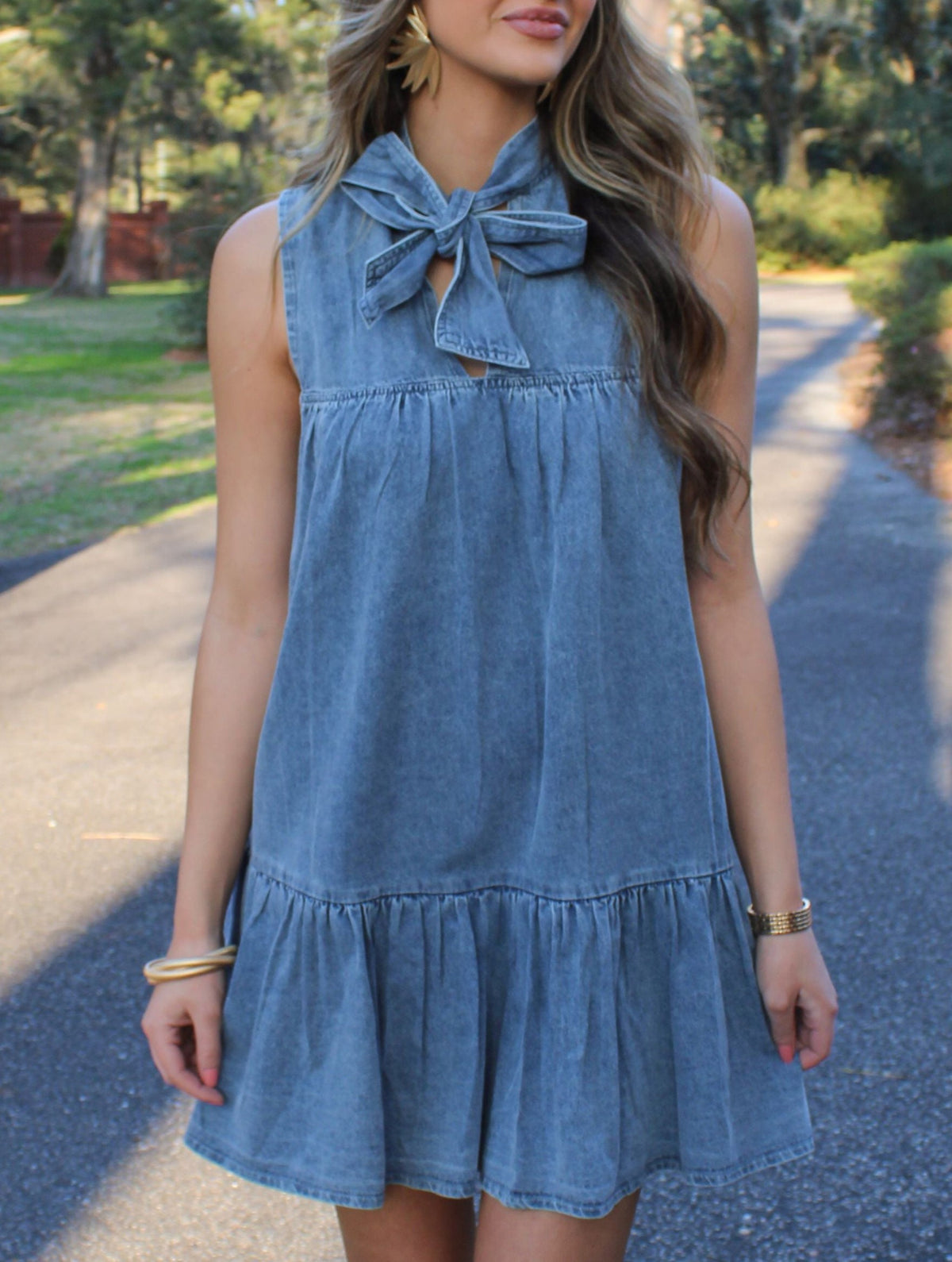 Bow Neck Tiered Denim Mini Dress - Blue