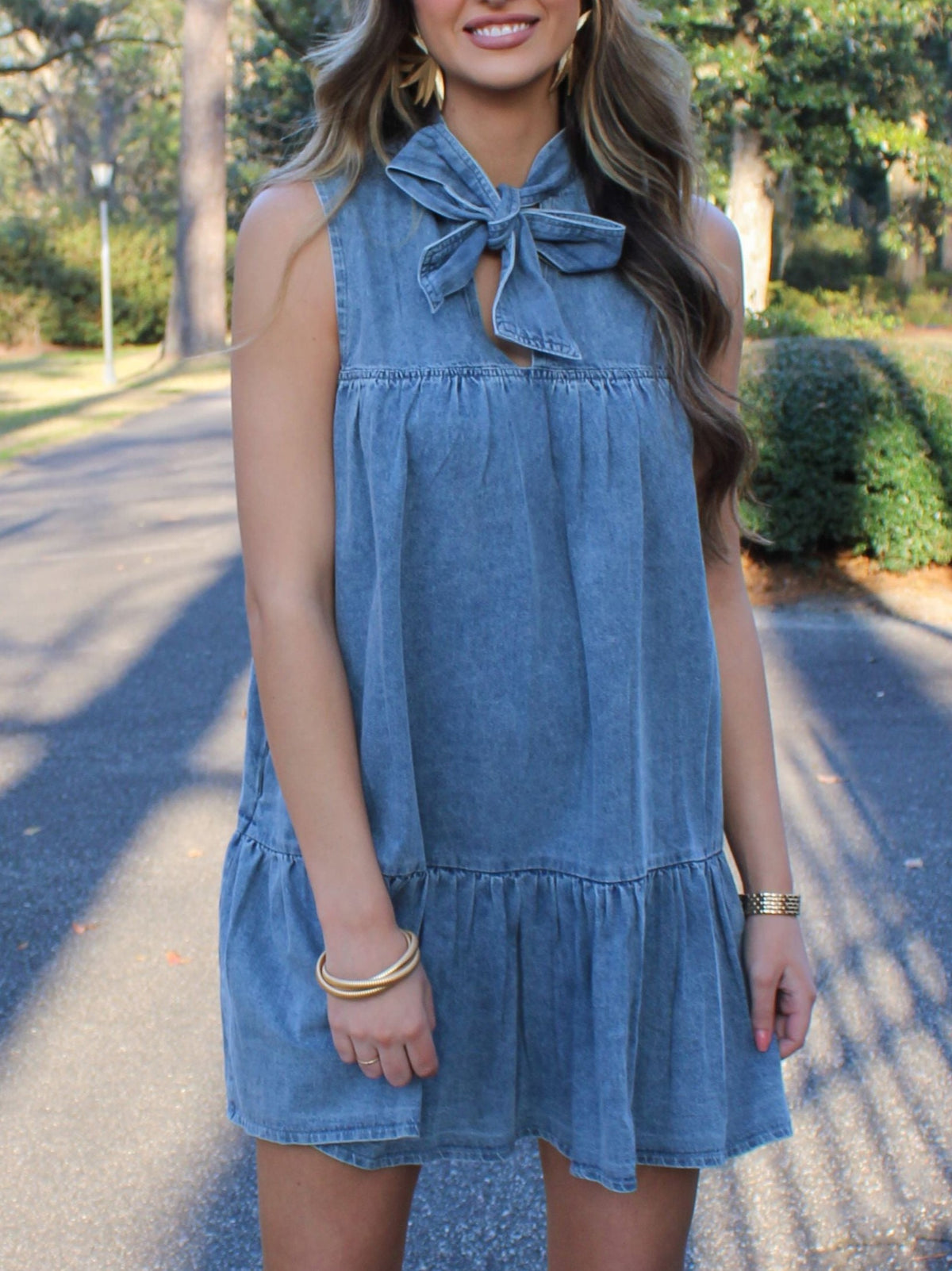 Bow Neck Tiered Denim Mini Dress - Blue - 1