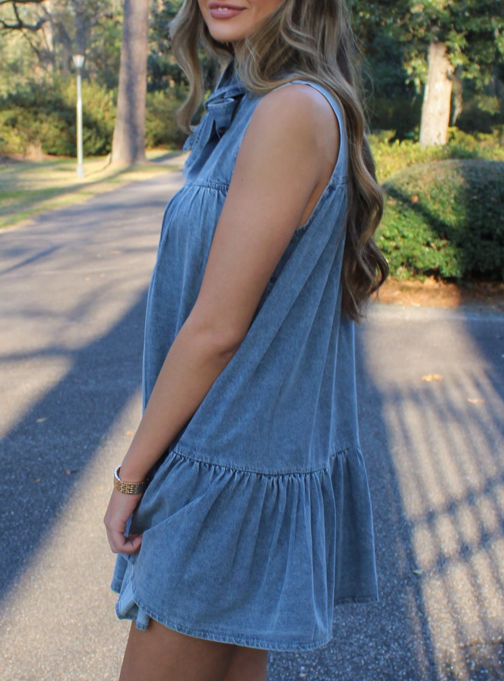Bow Neck Tiered Denim Mini Dress - Blue - 2